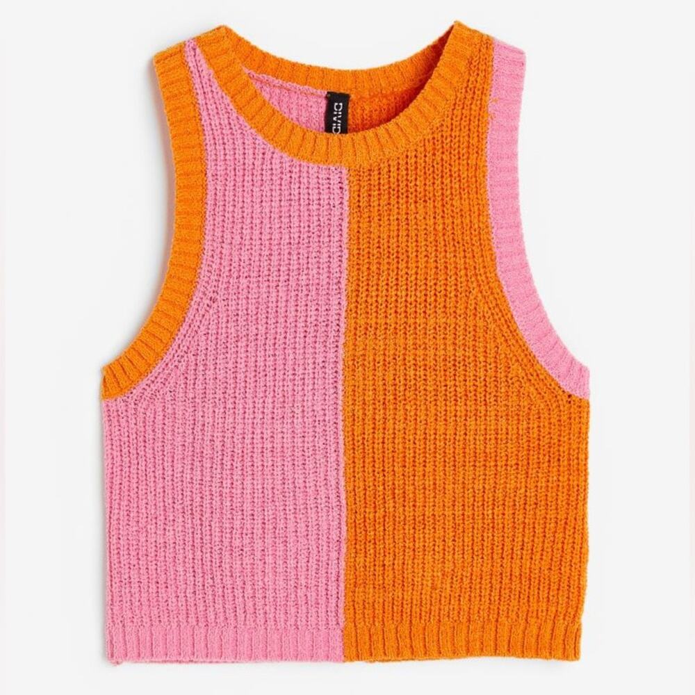 H&M tank top cropped Rib-knit Sweater Vest Pink orange color-block sleeveless
